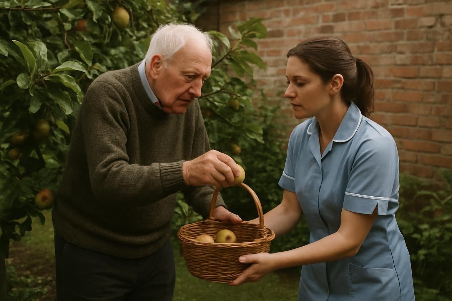 An illustration of a man and a carer picking apples in a walled garden