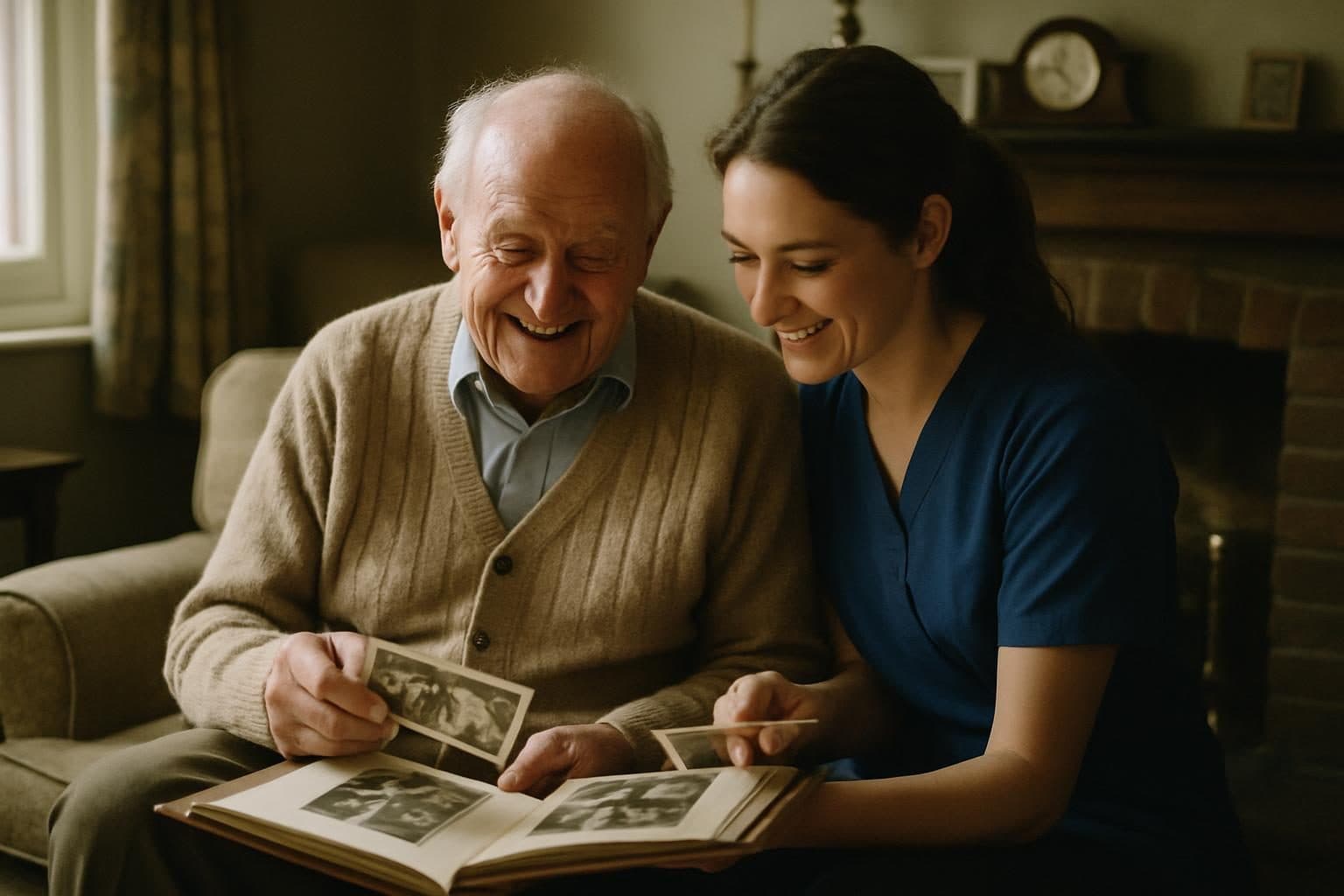 An illustration of a resident and a carer looking at family photographs
