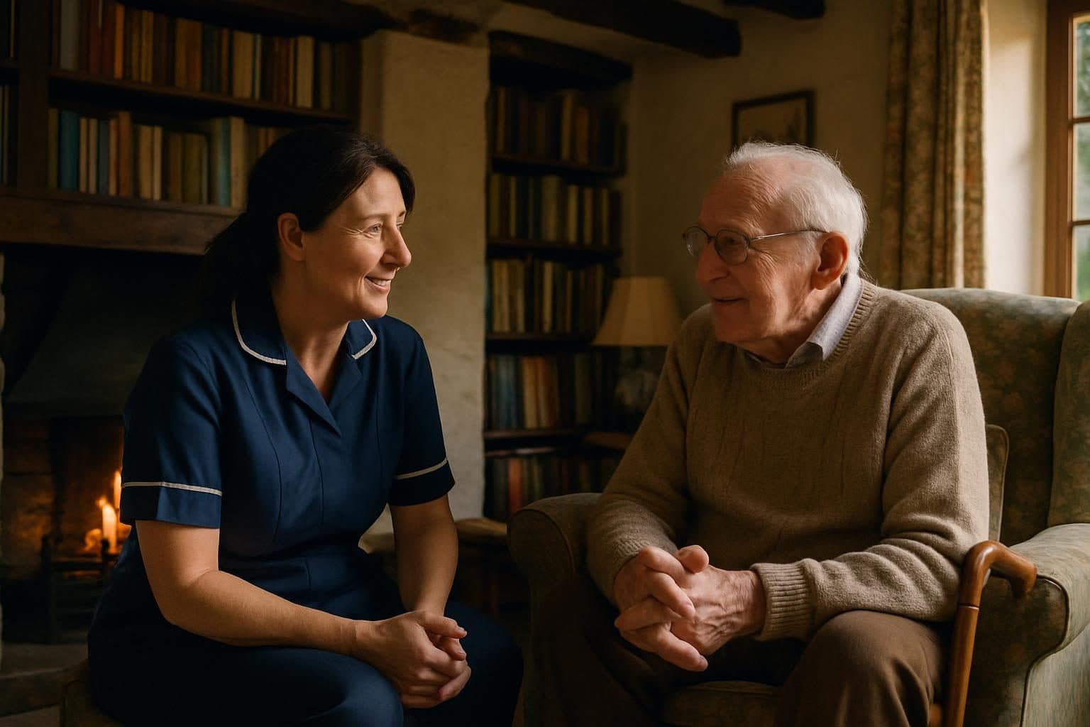 An illustration of a home carer talking with a man in his cottage