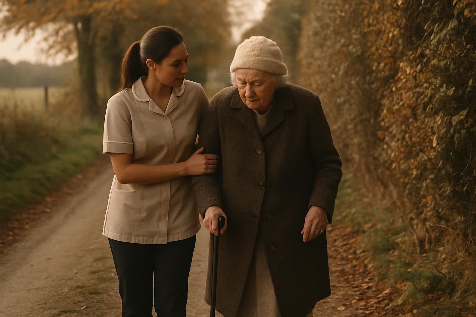 An illustration of a carer walking with a woman along a country lane