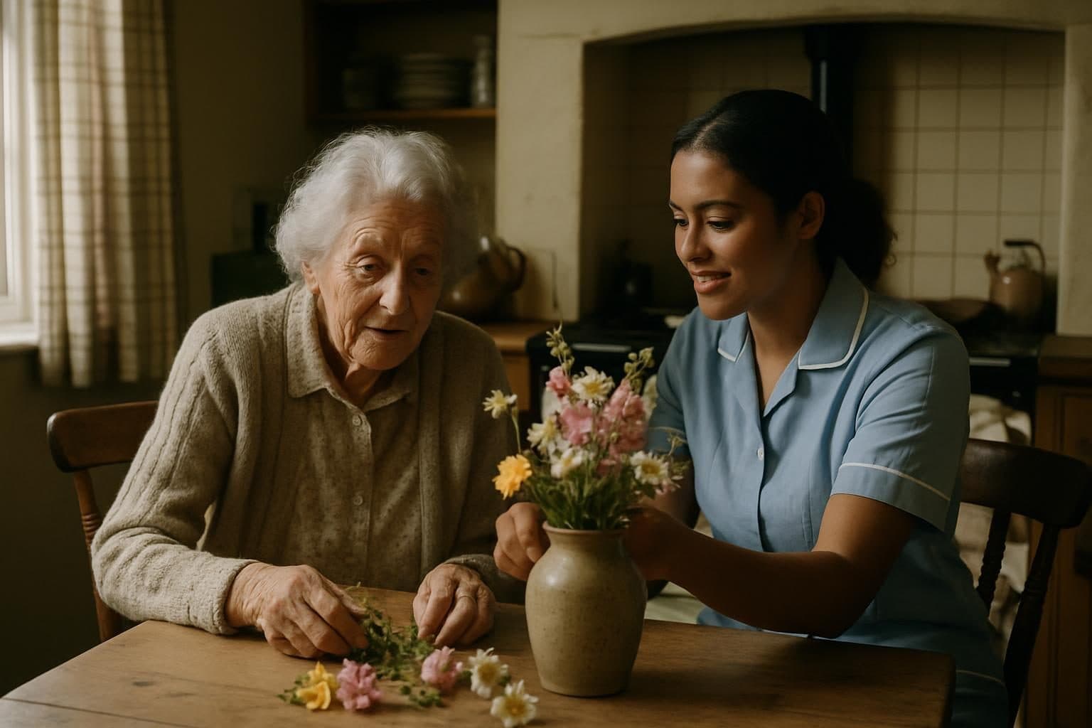 An illustration of a woman and her carer arranging flowers in a farmhouse kitchen