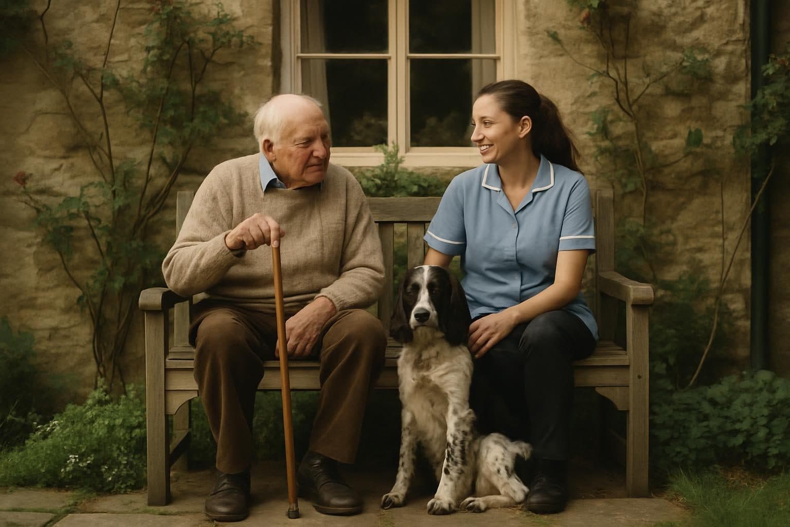An illustration of a man and his carer on a garden bench with a dog