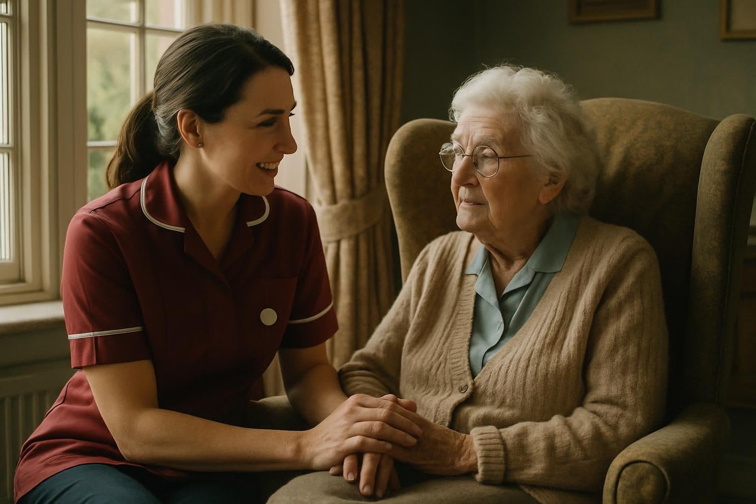 An illustration of a nurse with a resident in a traditional drawing room