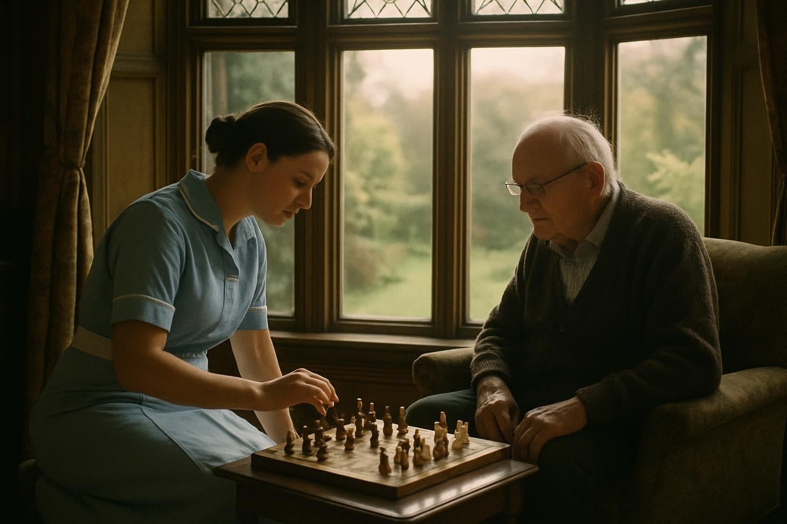 An illustration of a nurse and a resident playing chess by a window