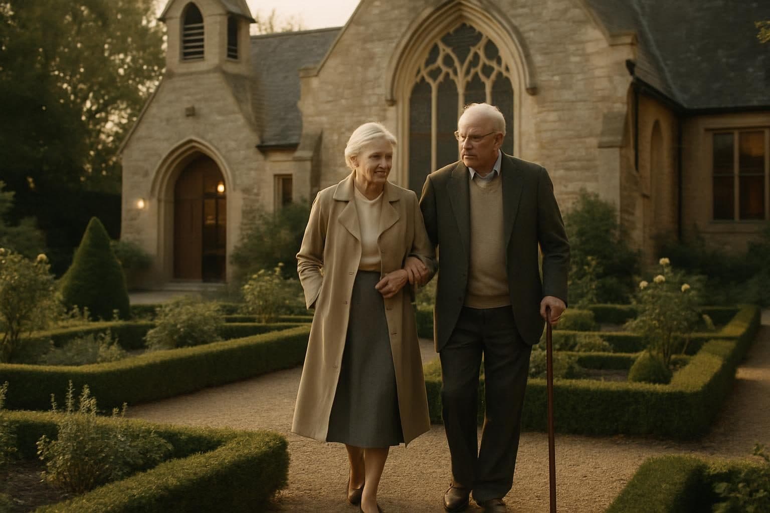 An illustration of a couple walking in the gardens beside a restored chapel