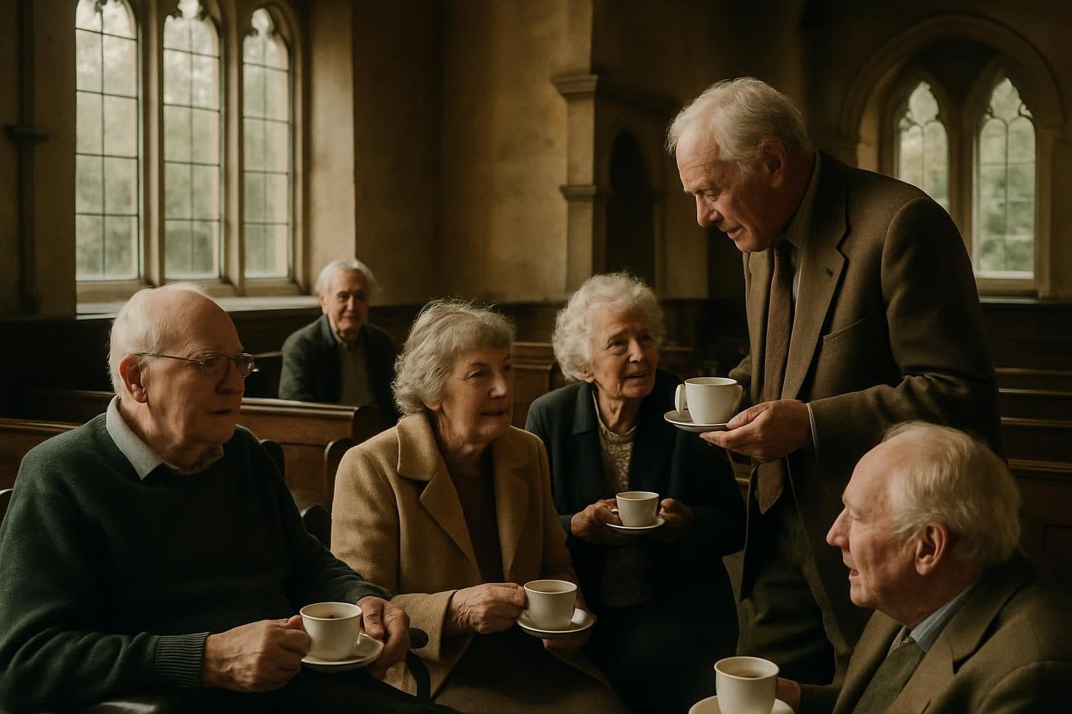 An illustration of residents having coffee inside the chapel