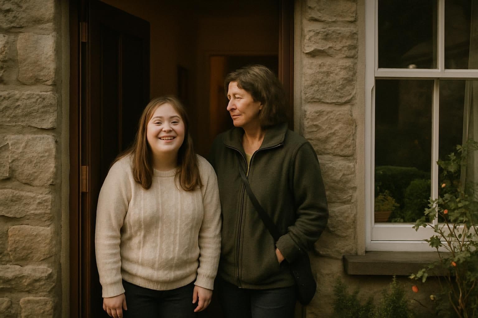 An illustration of a young woman at the door of her own home with a support worker