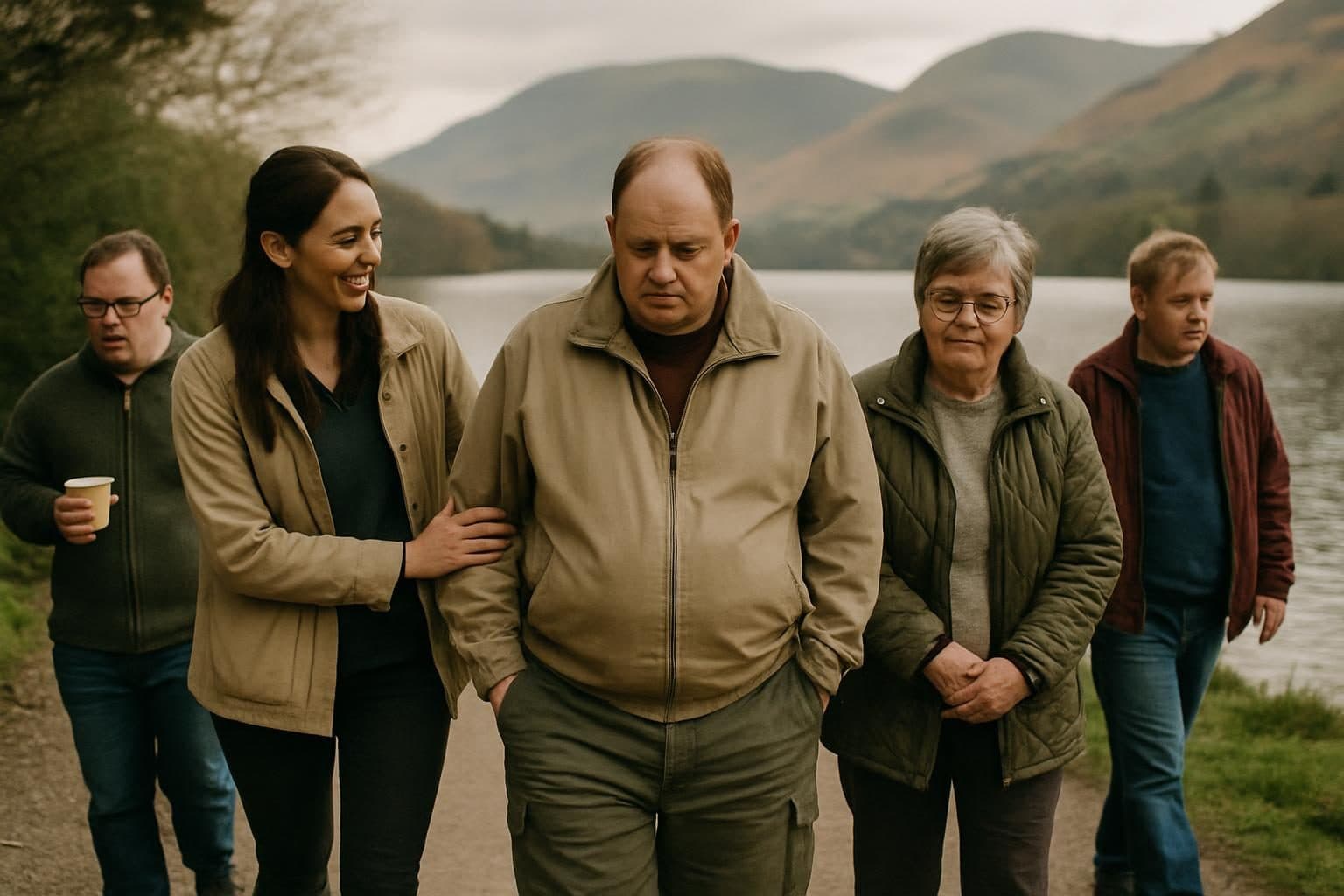 An illustration of a group walking by a lake