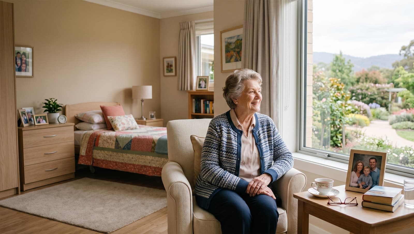 A care home resident relaxing in her room