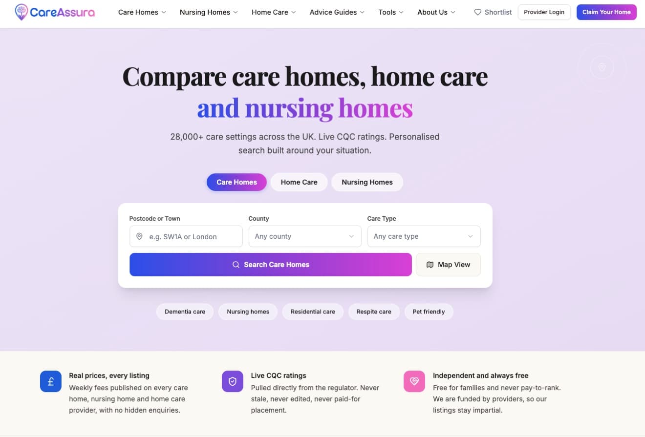 The CareAssura homepage