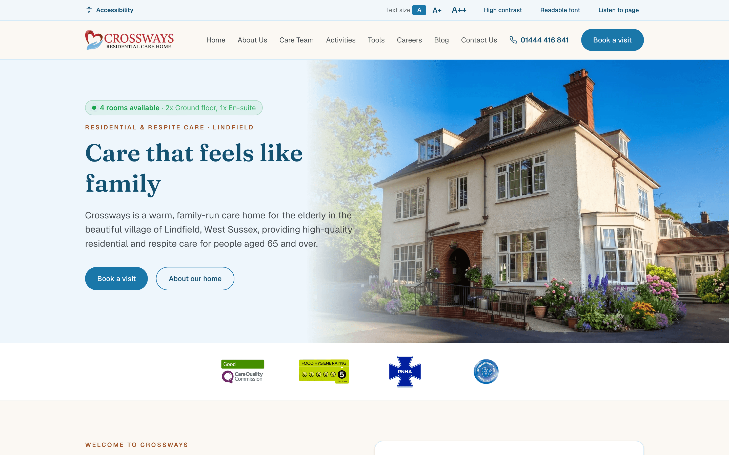 The Crossways Care Home website we built, showing live room availability