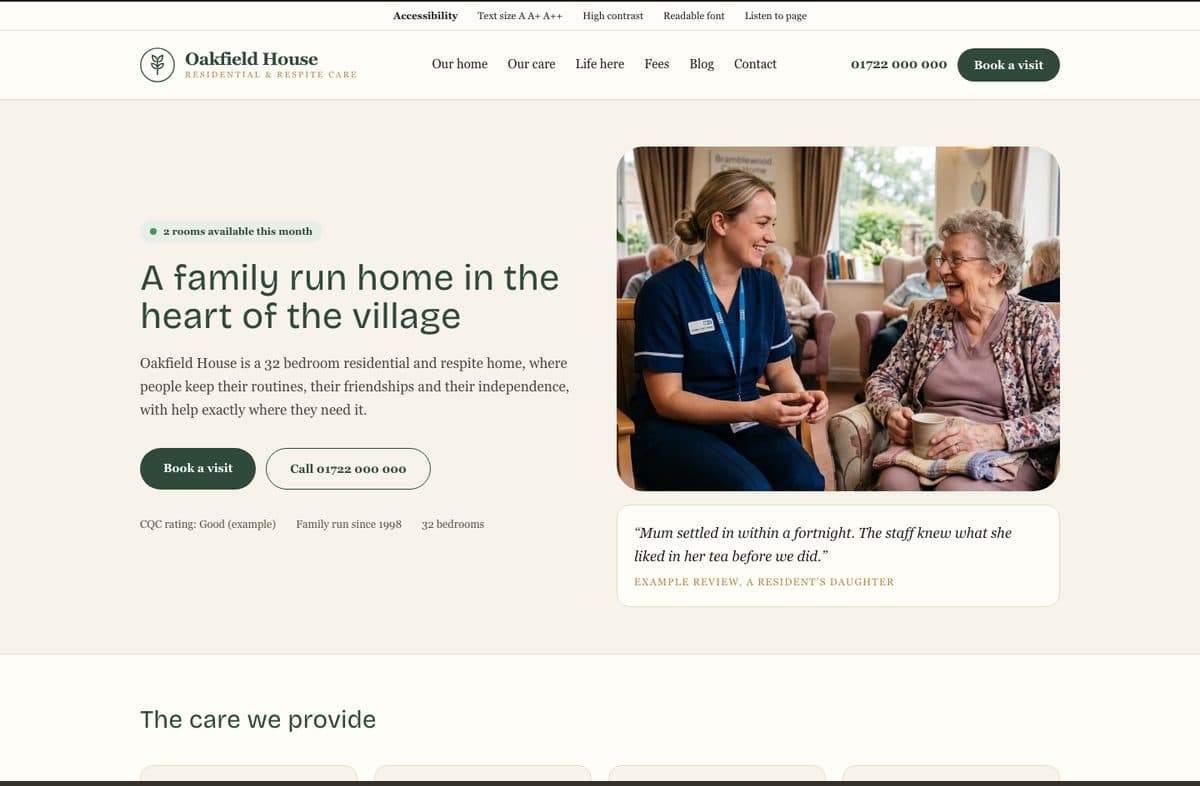 Oakfield, an example residential care home website design