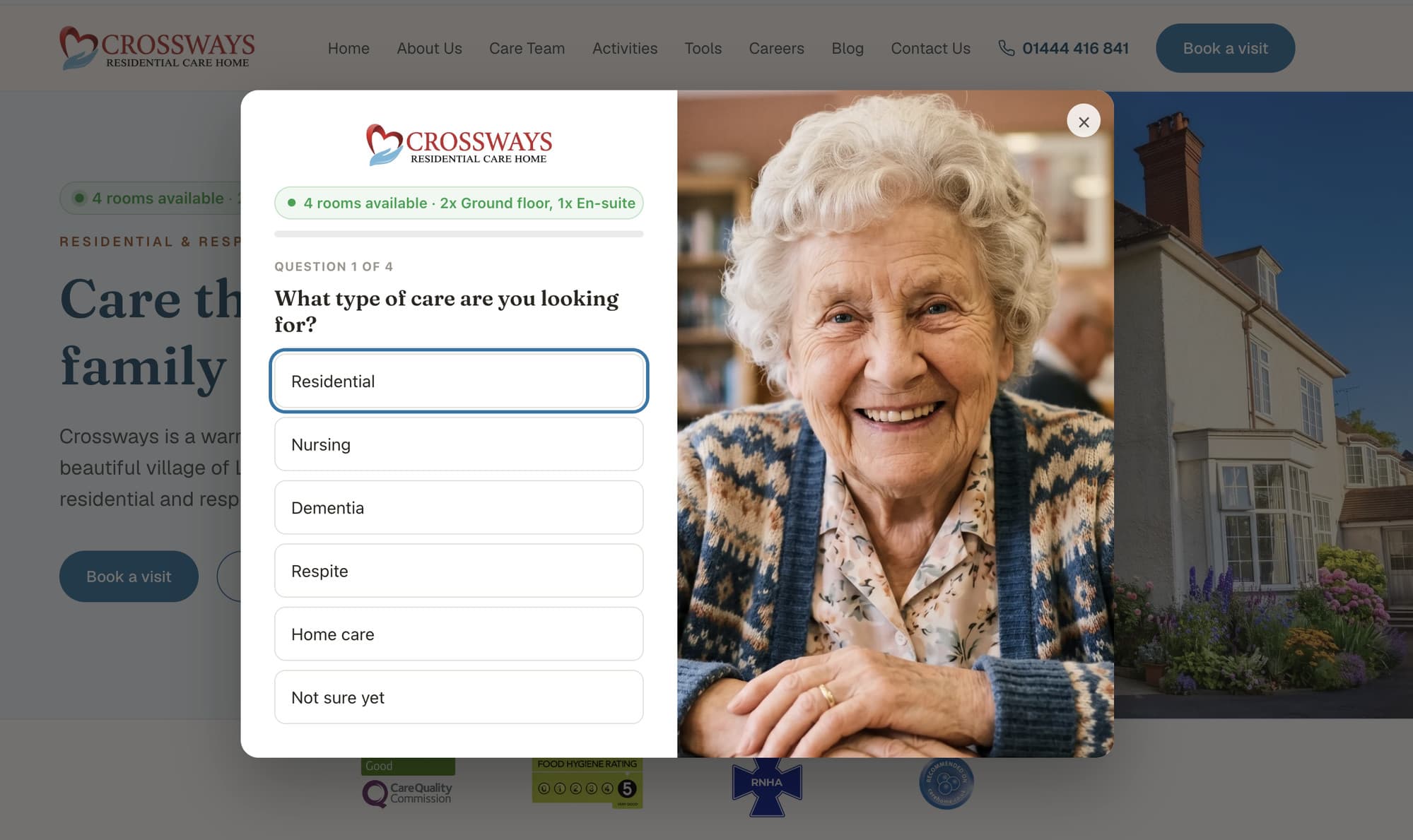 Our lead-capture pop-up shown over a care home website, with live room availability and a short set of questions