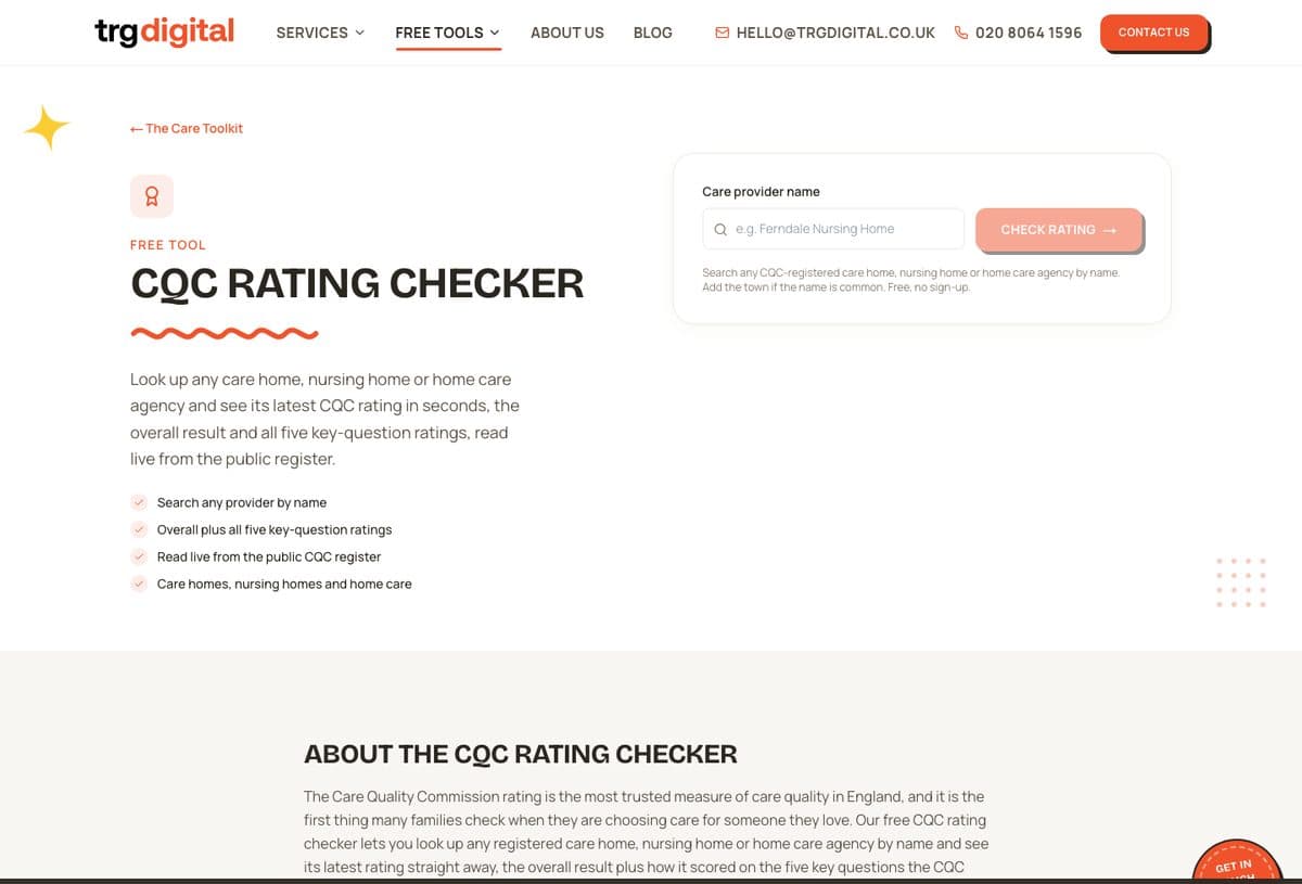 The cqc rating checker we built, as it appears on a care website