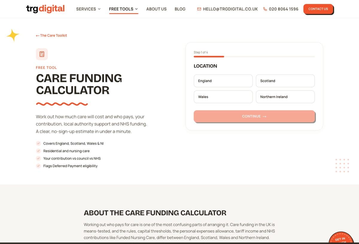 The funding calculator we built, as it appears on a care website