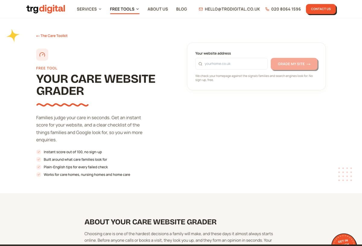 The website grader we built, as it appears on a care website