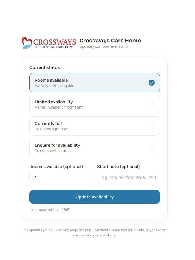The one-tap room availability update panel the Crossways manager uses