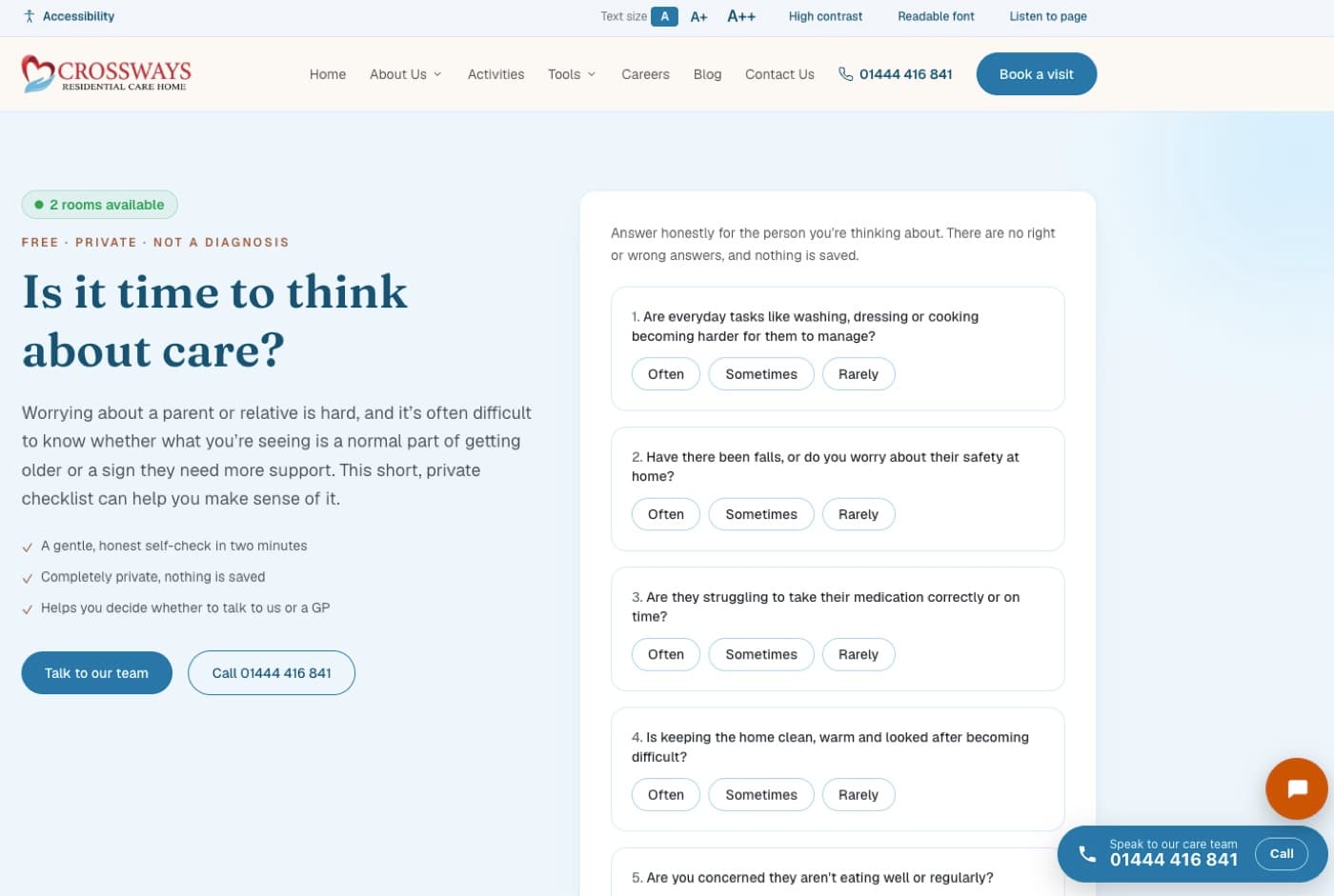 The Crossways is-it-time-to-think-about-care checklist