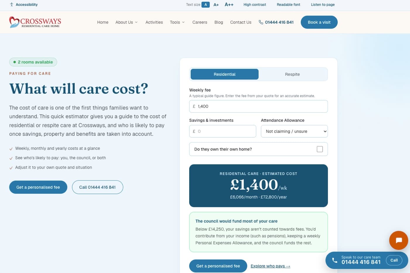 The Crossways cost of care estimator showing a weekly figure