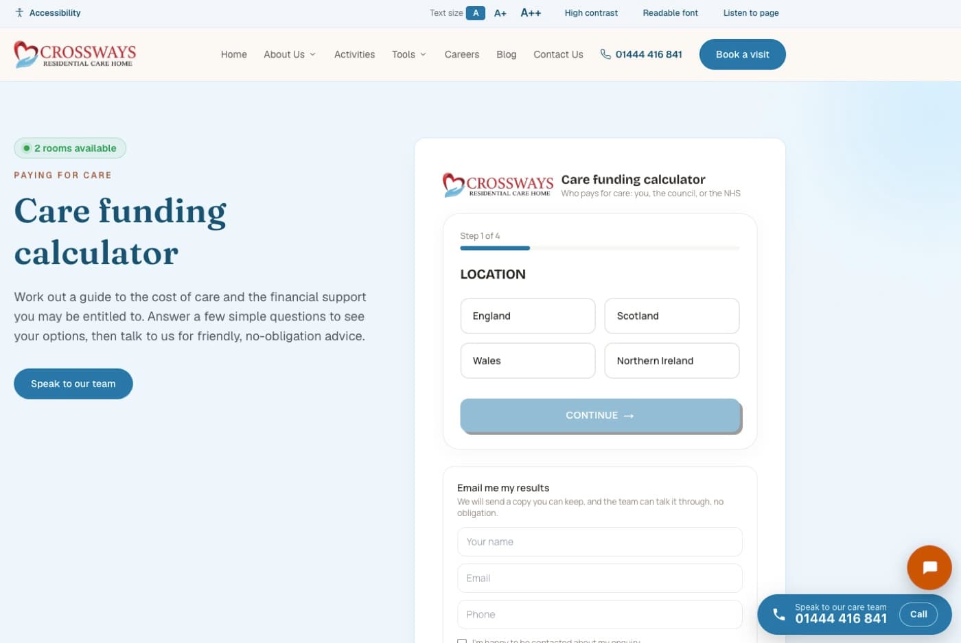The Crossways care funding calculator, step one of four