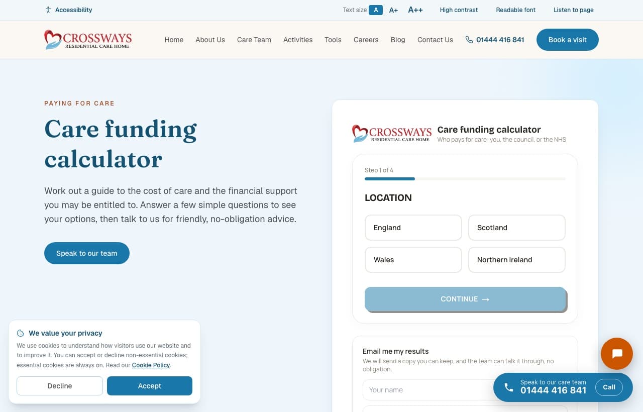 Care funding calculator on desktop