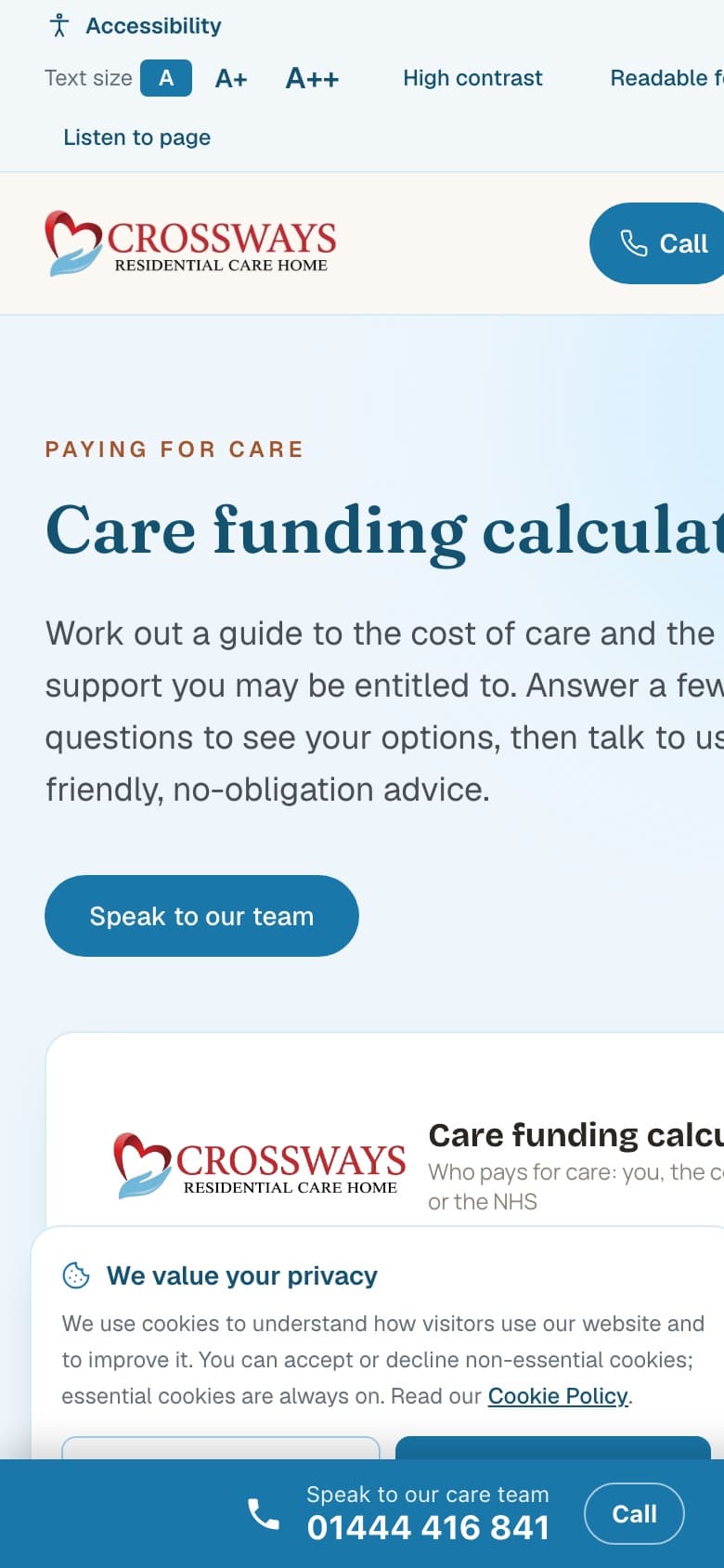 Care funding calculator on mobile