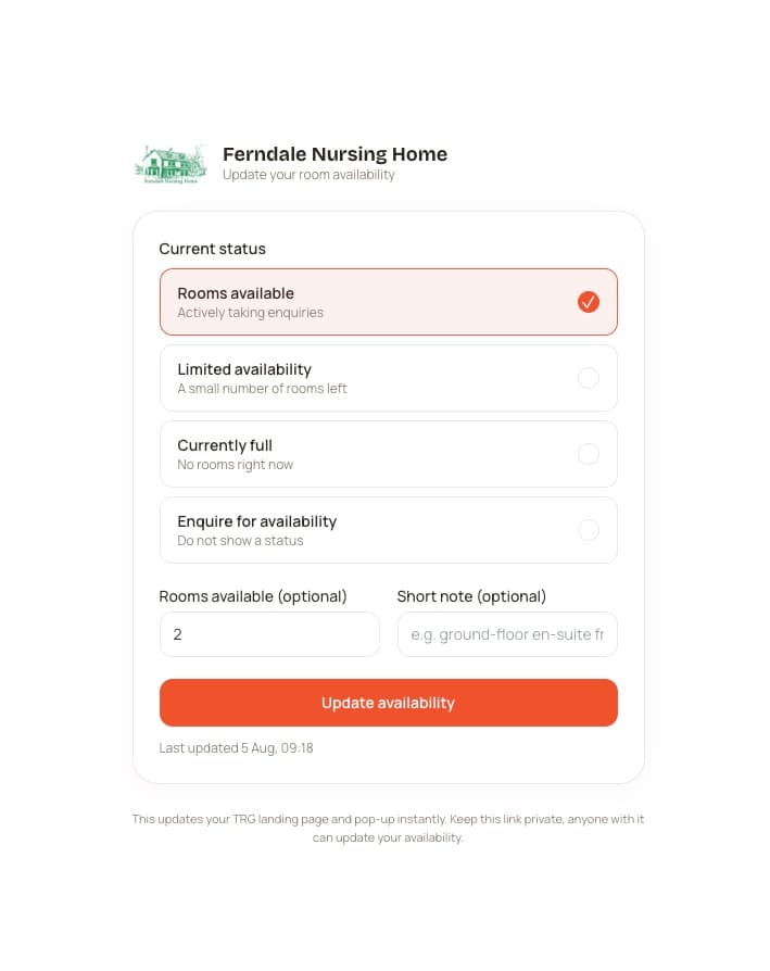 The one-tap room availability update panel the Ferndale manager uses