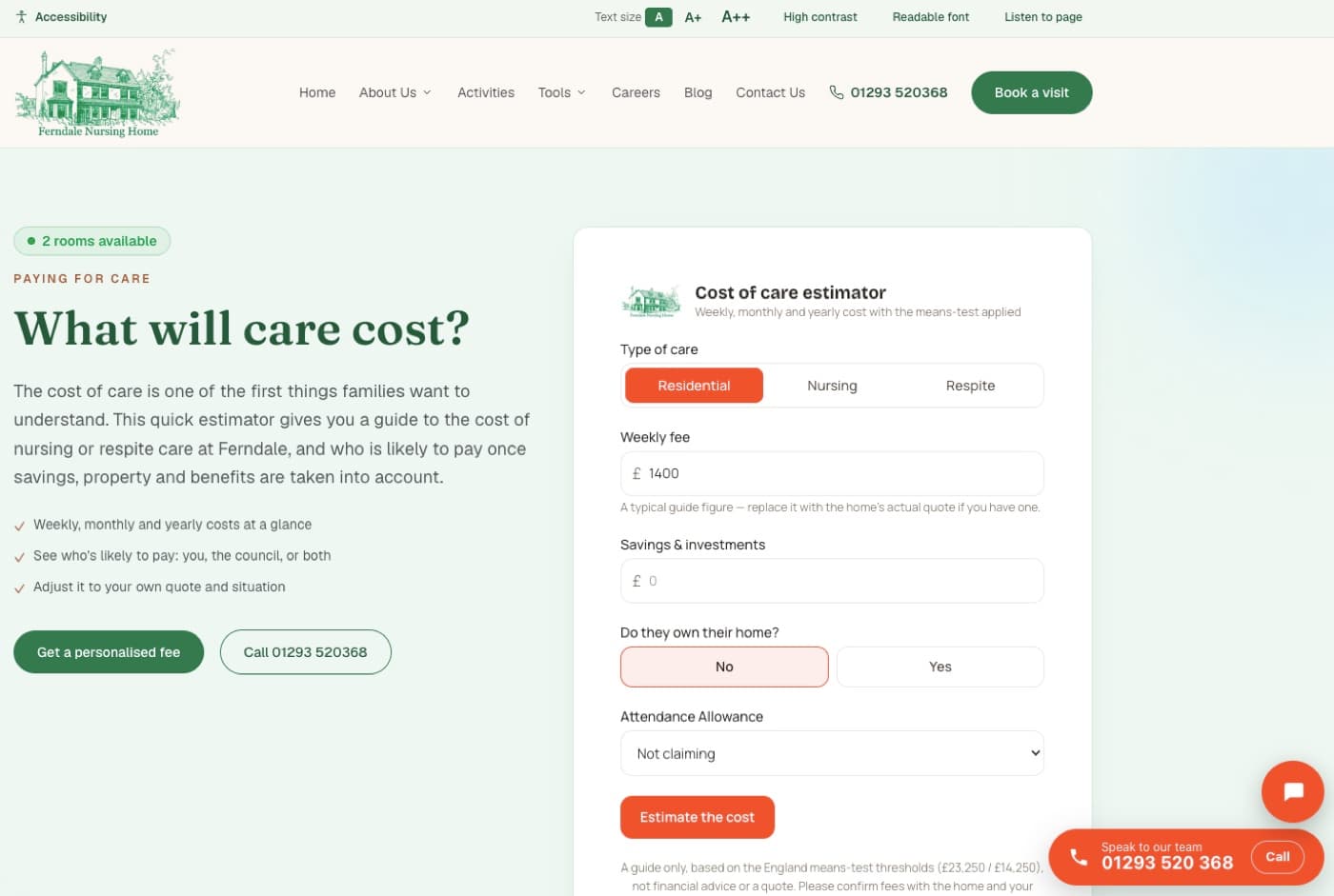 The Ferndale cost of care estimator