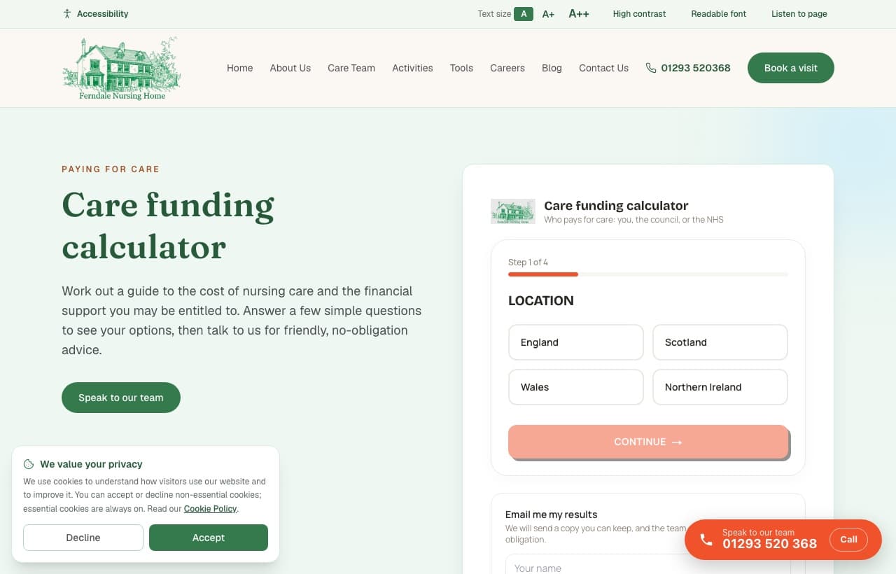 Care funding calculator on desktop
