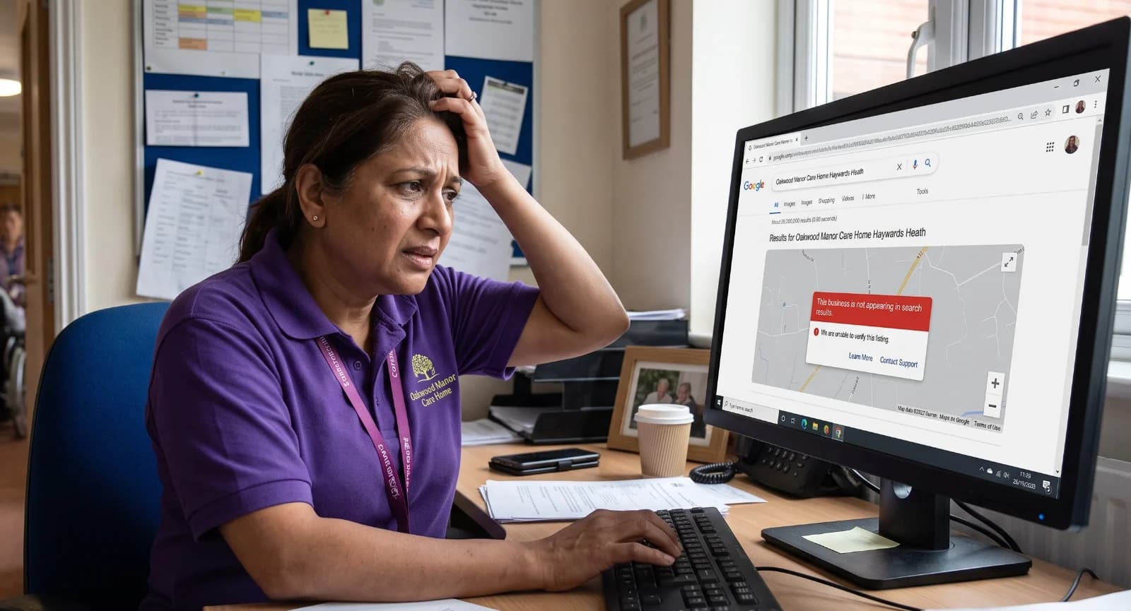 An image of a care home not showing up in Google search results and a care manager struggling to understand why
