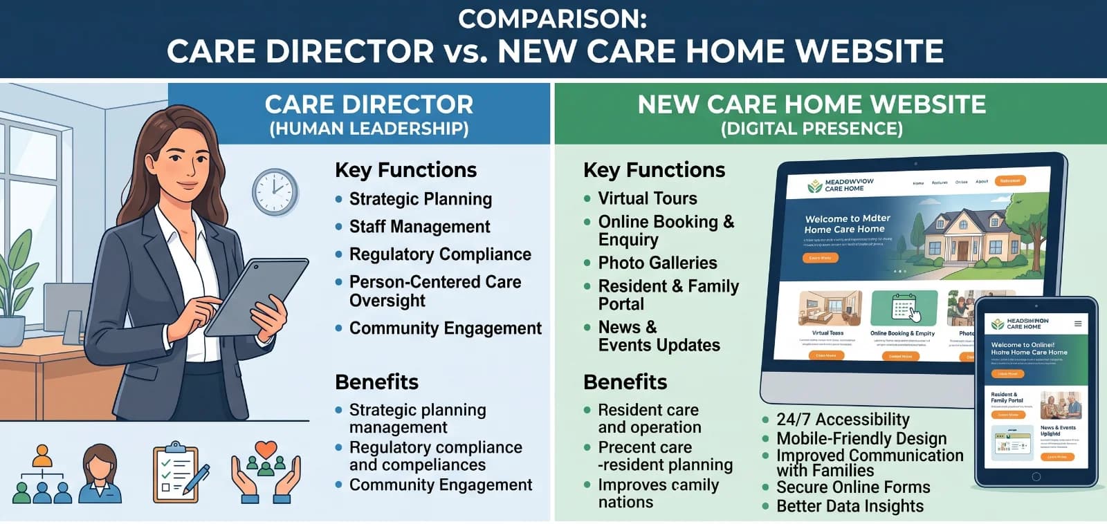 An image that is a comparison between a care director and a new care home website that TRG Digital can build