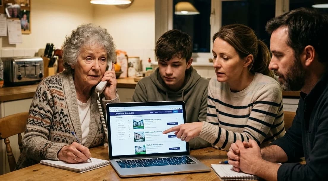 an image of a family sitting around the kitchen table calling care homes that can be seen on the laptop screen