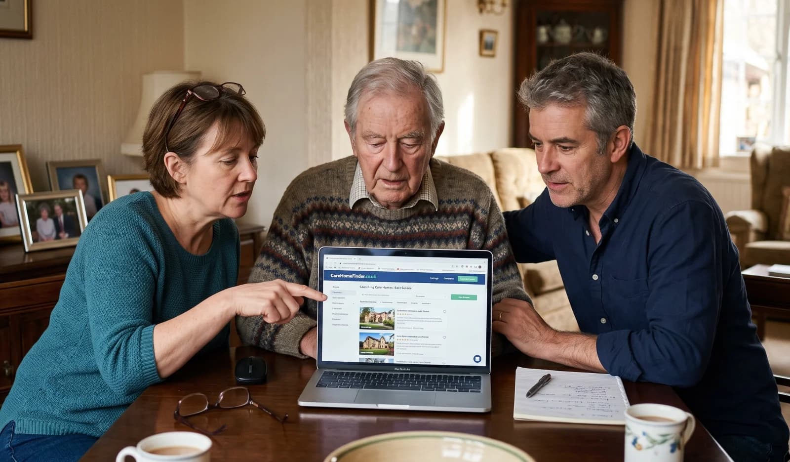 an image of an elderly man sitting around his dinning room table with his 2 middle aged kids looking for care homes on his computer
