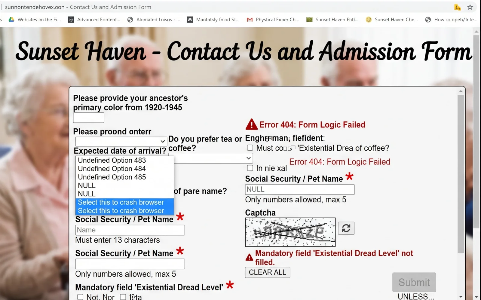 an image of a really bad form on a care home website that is impossible to complete