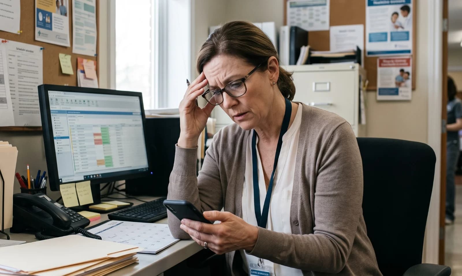An image of a care manager looking at her phone and looking stressed and wondering how TRG Digital can help
