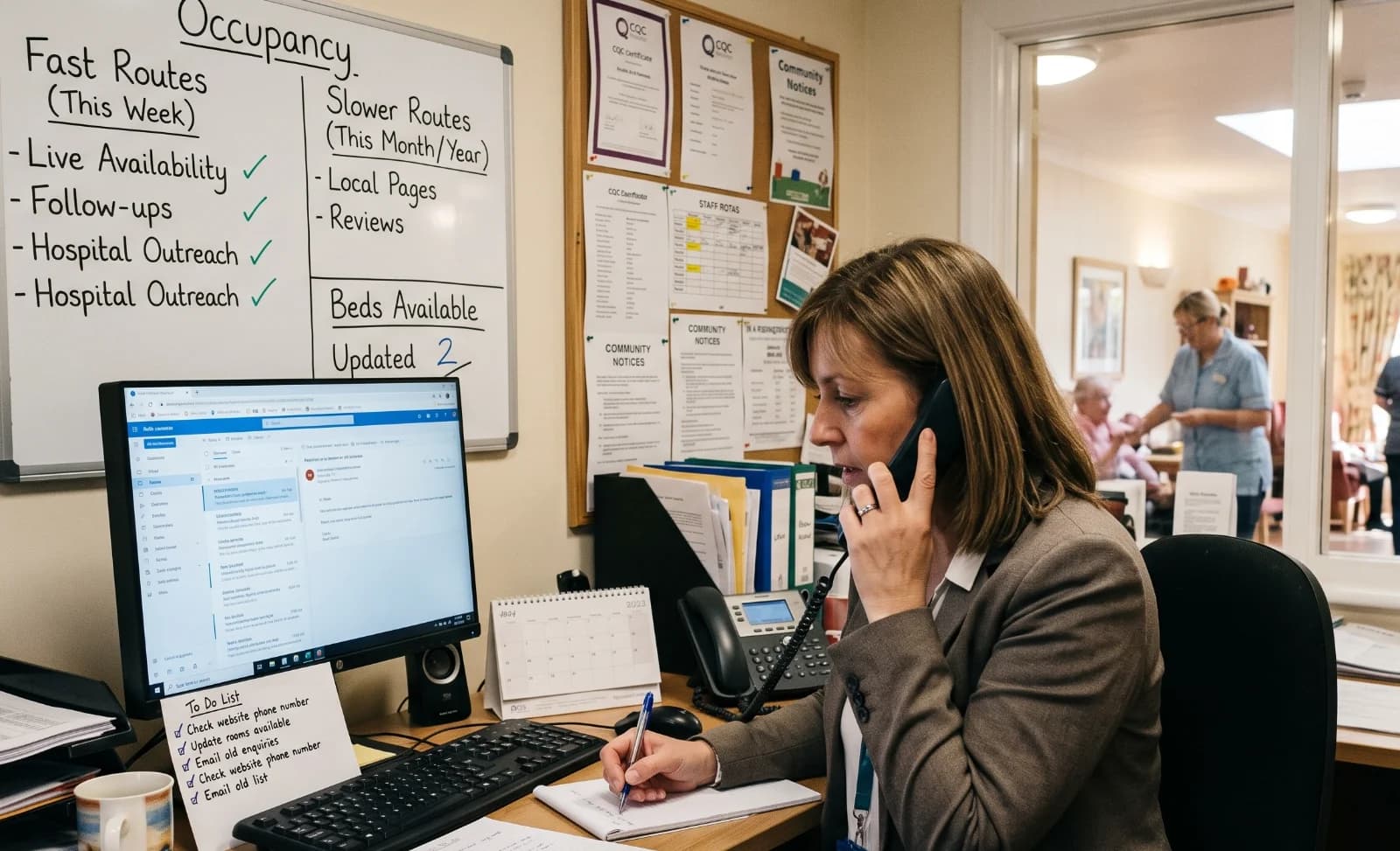 an image of a care managerr stressing over trying to fill the beds in her care home